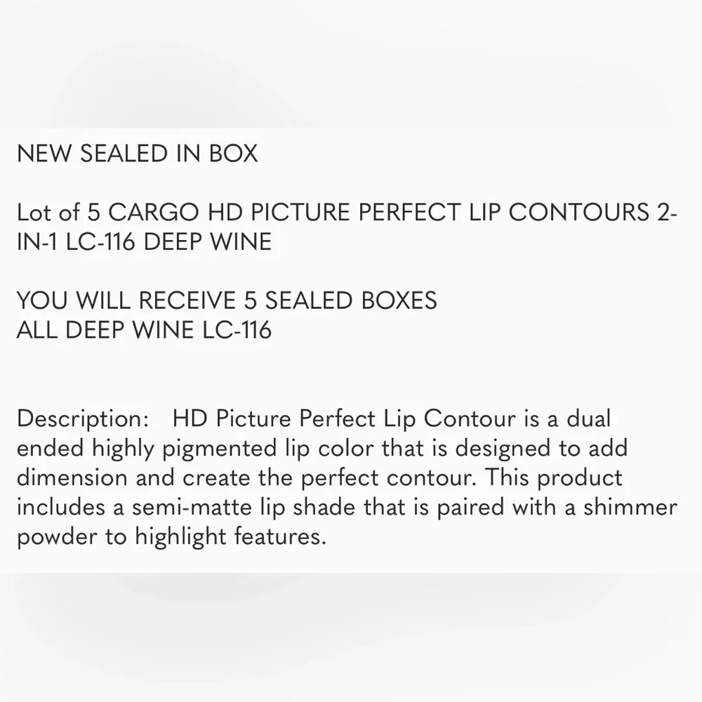 LOT OF 5 CARGO HD PICTURE PERFECT LIP CONTOUR 2-IN-1 LC-116 DEEP WINE NEW IN BOX